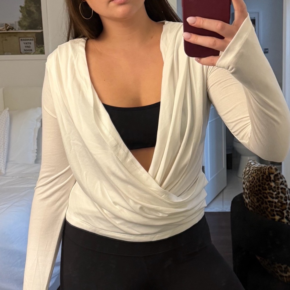SHEIN White Deep V Plunge Wrap Long Sleeve